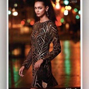 Aidan by Aidan Mattox Mock-Neck Beaded Mini Dress Black/Gold Sz 2